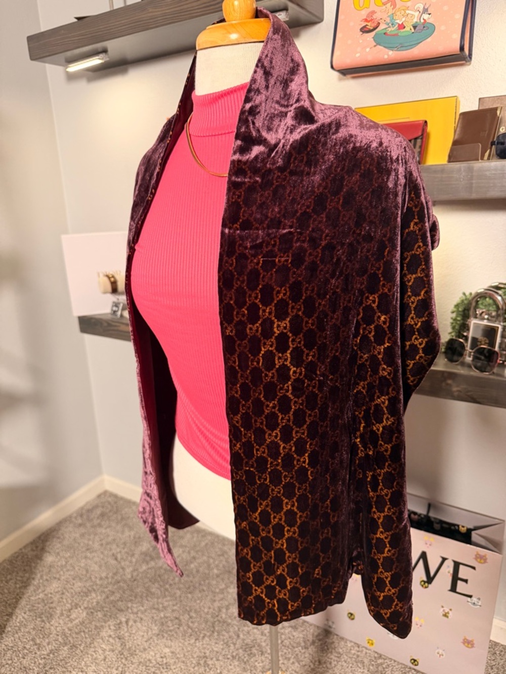 Gucci Velvet GG Monogram Muffler Scarf – Burgundy – Excellent Condition + COA